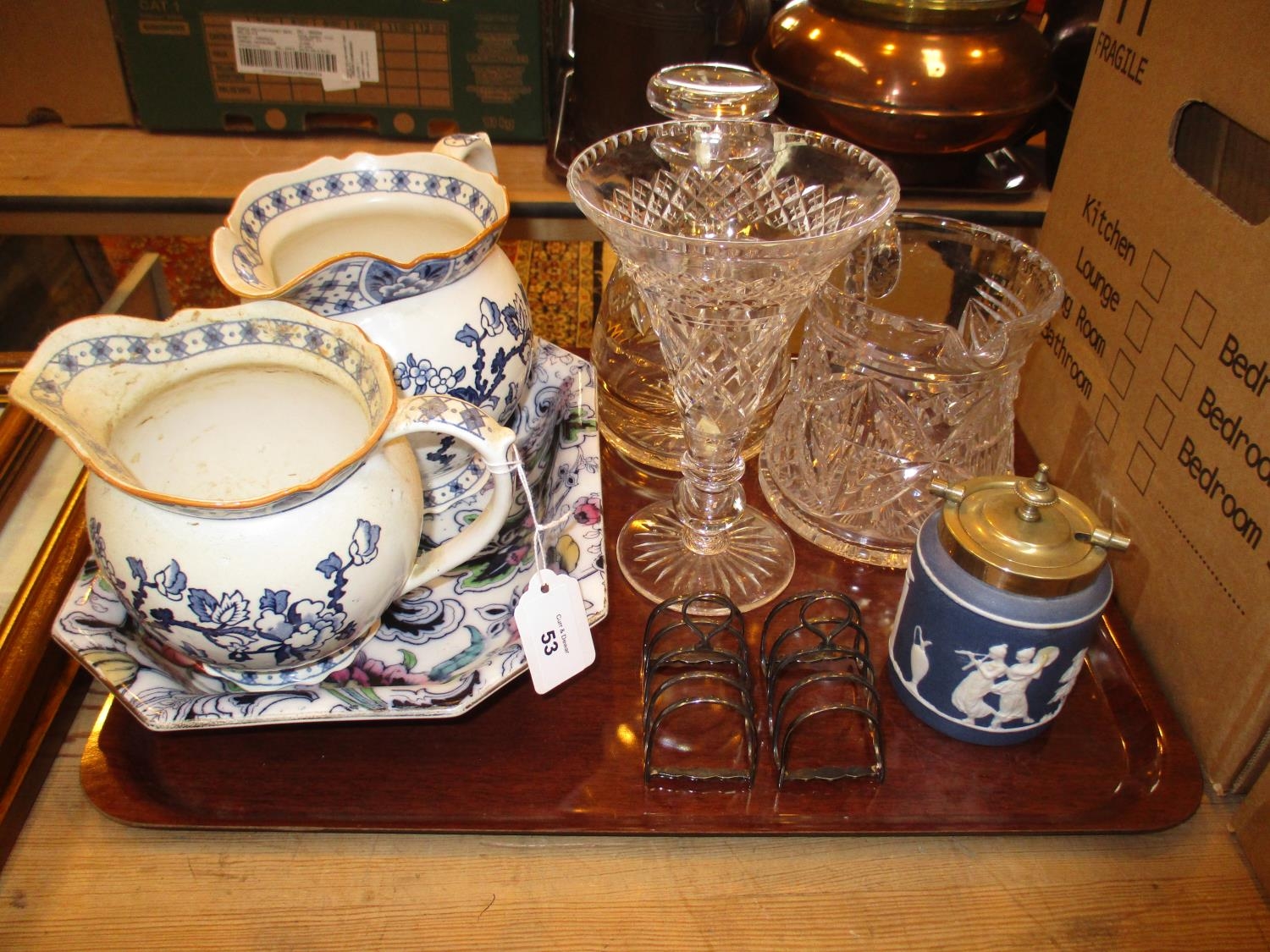 Two Woods Ware Jugs, Losolware Dish, Crystal, Toast Racks and Jam Pot