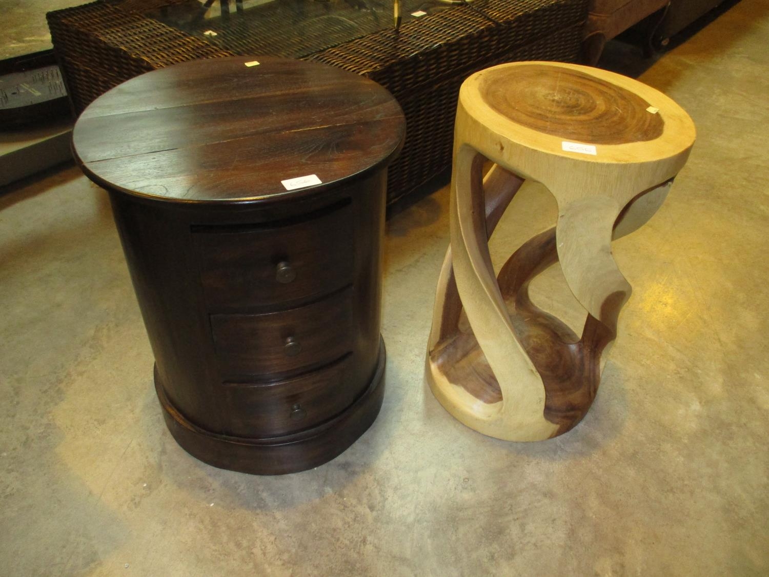 Pillar Chest of 3 Drawers and a Carved Wood Plant Table