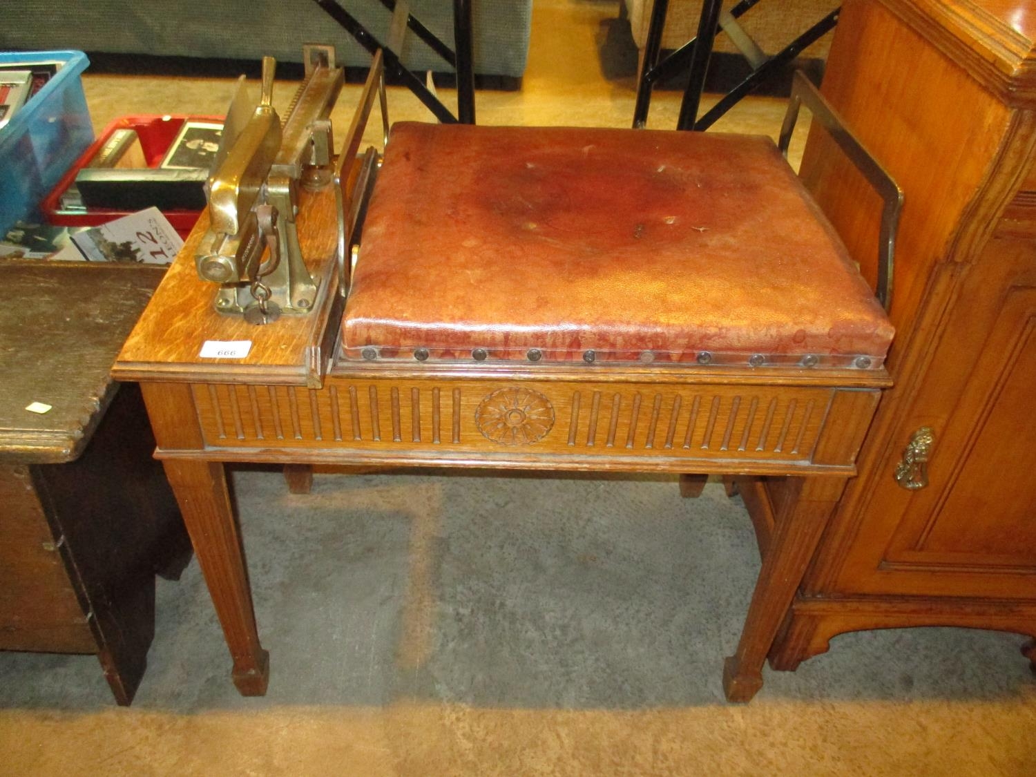 W&T AVERY; a set of late 19th/early 20th century oak jockey scales, with leather seat and brass