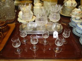 Pair of Crystal Thistle Wine Goblets and Brandy Goblet, Silver Plated Tray and 6 Game Engraved