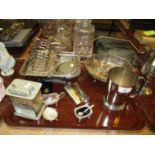 Selection of Silver Plated Items, Clock, 2 Hip Flasks etc