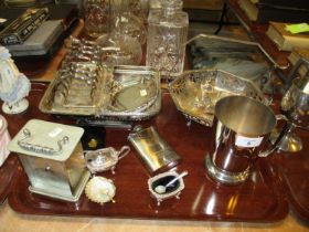 Selection of Silver Plated Items, Clock, 2 Hip Flasks etc