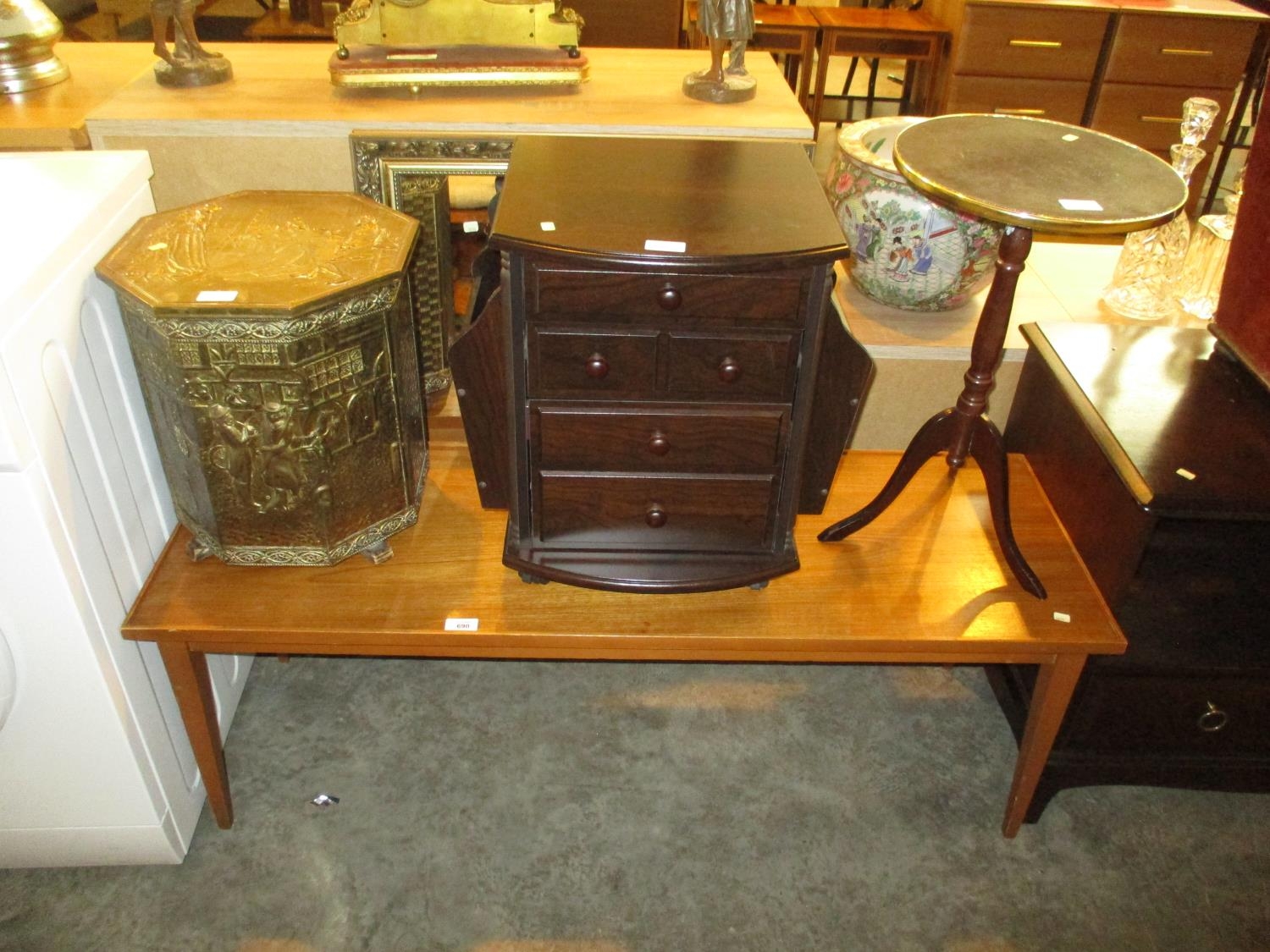 Coffee Table, Wine Table, News Rack, Brass Coal Box and a Mirror