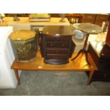 Coffee Table, Wine Table, News Rack, Brass Coal Box and a Mirror