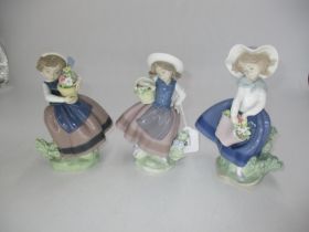 Three Lladro Girls with Flowers Sweet Scent 5221, Pretty Pickings 5222, Spring is Here 5223