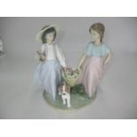 Lladro Group of 2 Girls with Basket of Flowers and Dog No. 6250
