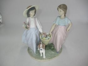 Lladro Group of 2 Girls with Basket of Flowers and Dog No. 6250