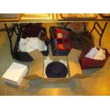 Two Suitcases with Crochet Blankets, Needlework Linen, Sheepskin Coat, Hats and Fascinators