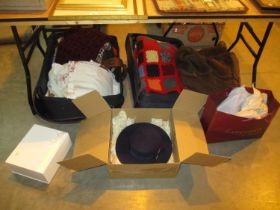 Two Suitcases with Crochet Blankets, Needlework Linen, Sheepskin Coat, Hats and Fascinators