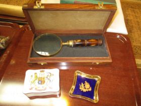 Cased Magnifier, Coronation 1953 Trinket Box and a Dish