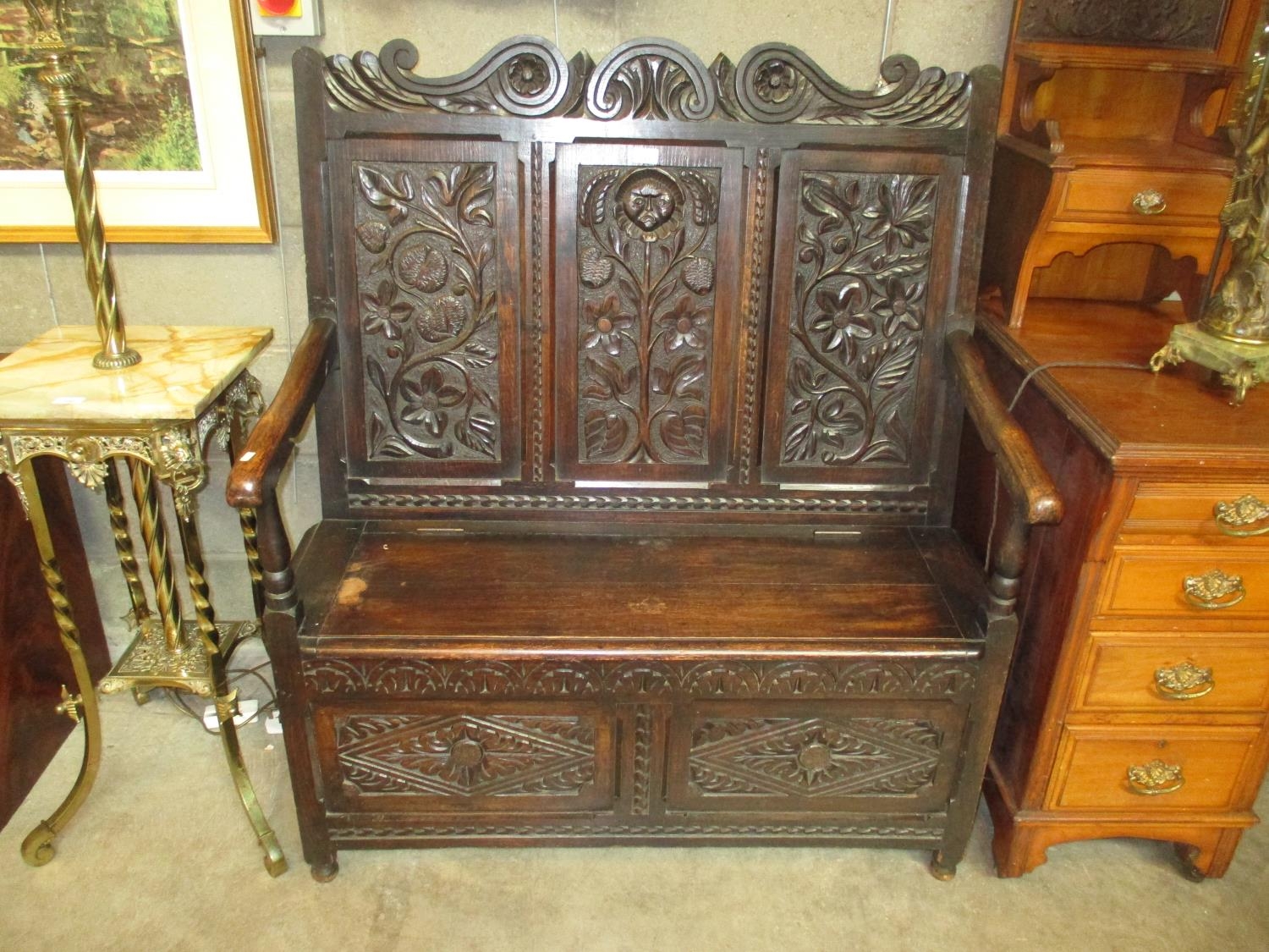 Victorian Gothic Carved Oak Box Seat Hall Settle, 107cm