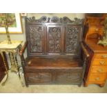 Victorian Gothic Carved Oak Box Seat Hall Settle, 107cm