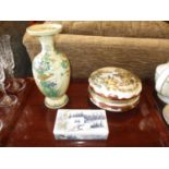 Noritake Porcelain Powder Box, Japanese Vase and a Trinket Box by M I Ford