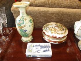 Noritake Porcelain Powder Box, Japanese Vase and a Trinket Box by M I Ford