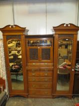 Victorian Walnut Wardrobe having Double Mirror Doors Flanking a Cupboard and Drawers, 206cm