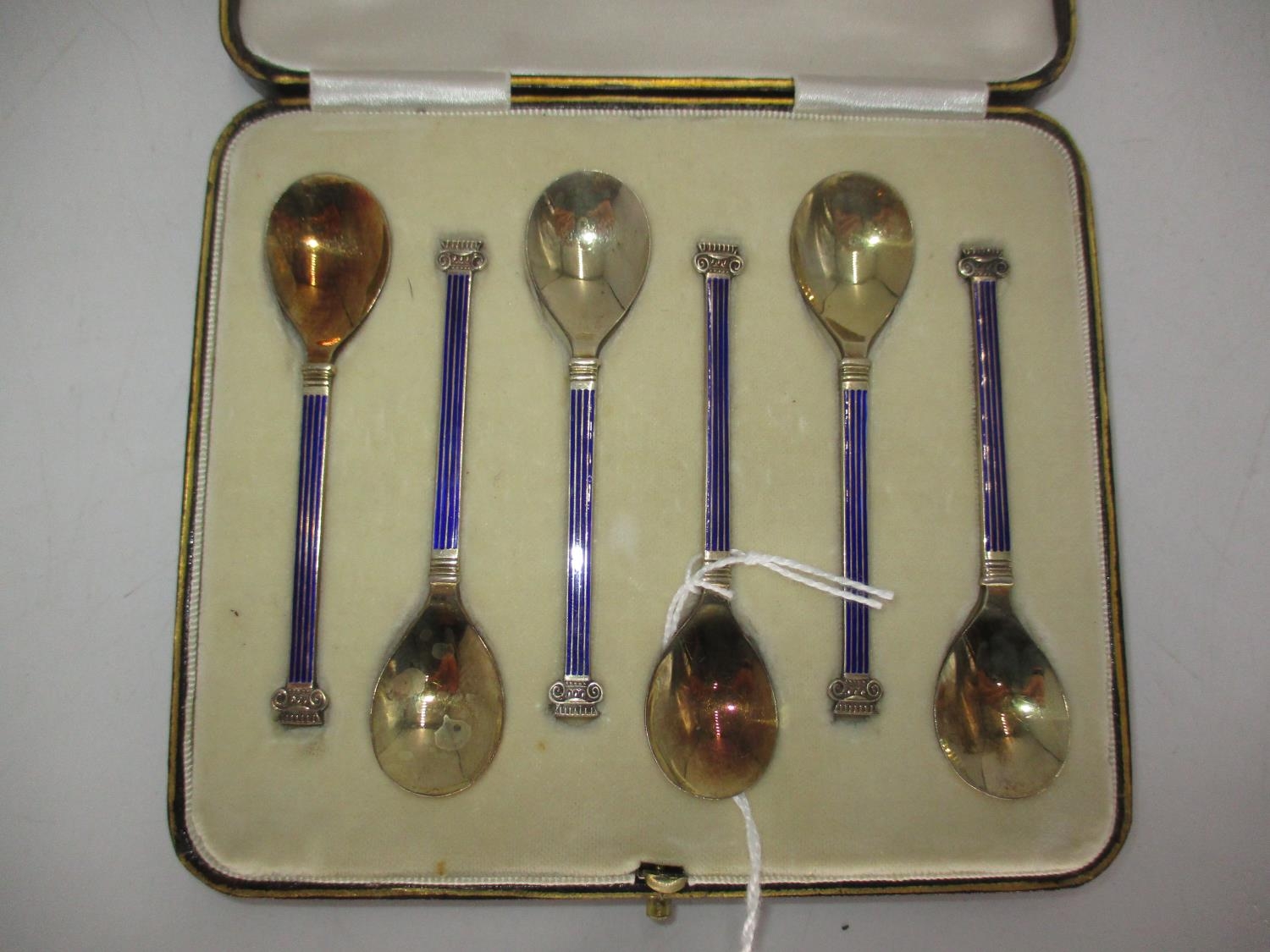 Cased Set of 6 Silver Gilt and Enamel Coffee Spoons, Sheffield 1934