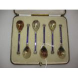 Cased Set of 6 Silver Gilt and Enamel Coffee Spoons, Sheffield 1934