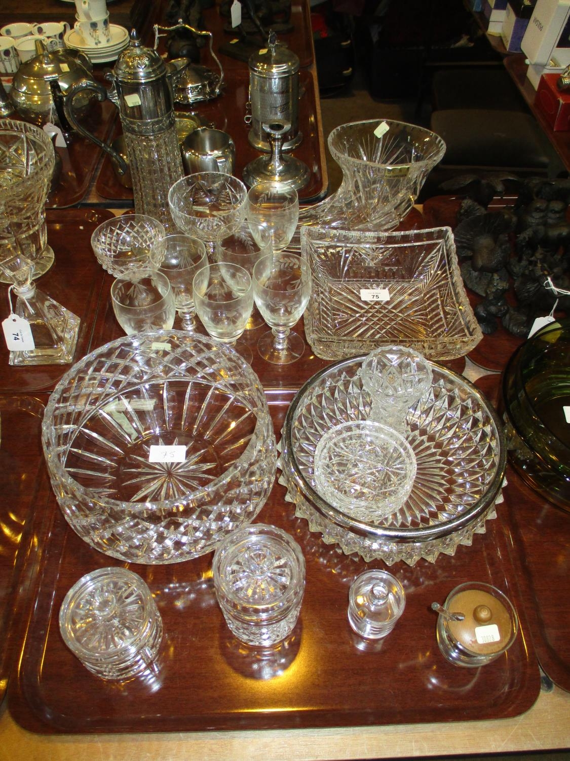 Silver Plate and Glass Wine Jug, 6 Wine Glasses, 2 Comports, Cornucopia Vase, 3 Bowls, Small Vase, 2