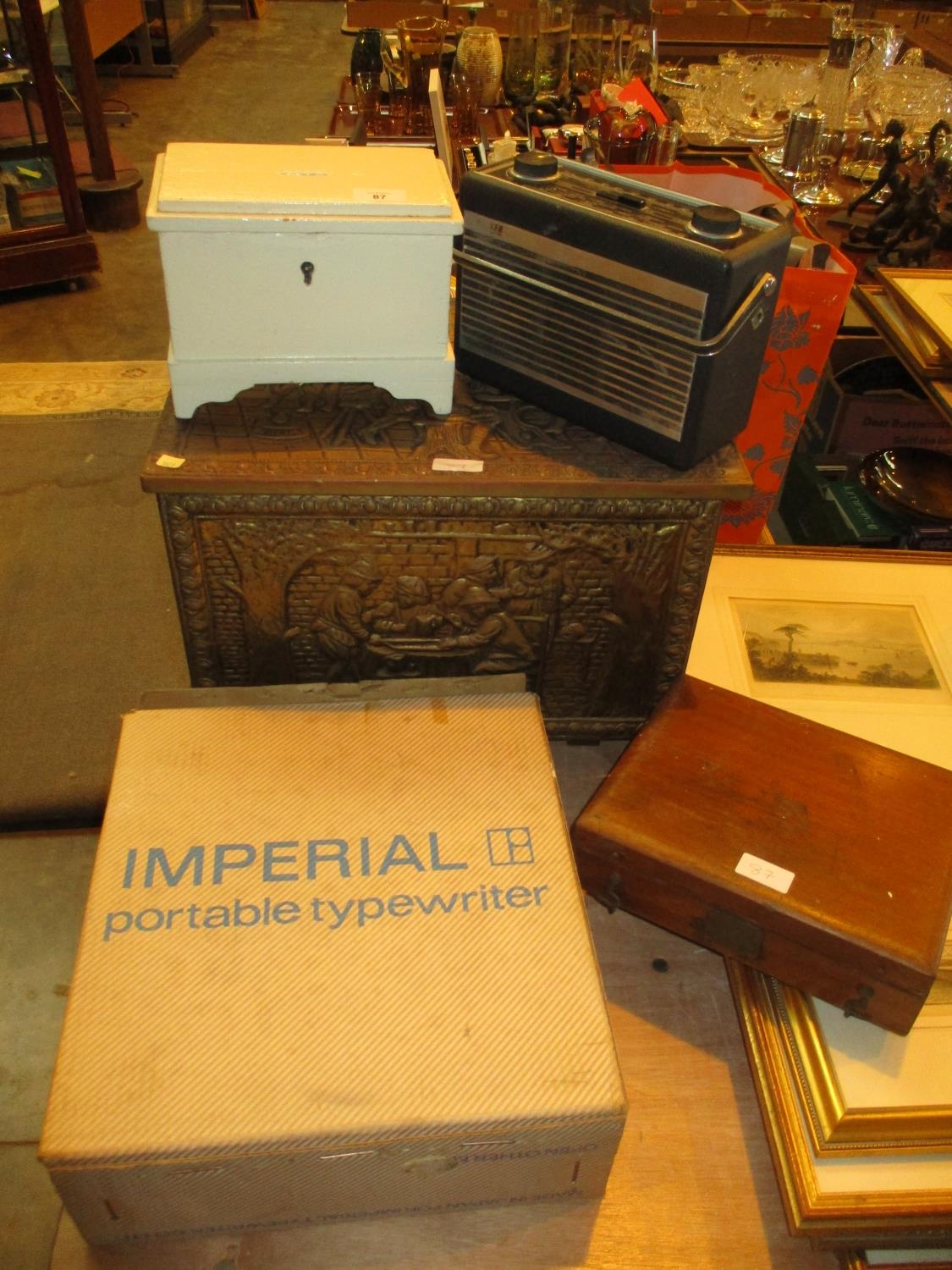 Brass Coal Box, Money Box, Hacker Democrat Radio, Slide Box and Imperial Portable Typewriter