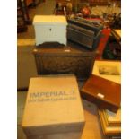 Brass Coal Box, Money Box, Hacker Democrat Radio, Slide Box and Imperial Portable Typewriter