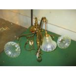 Victorian Arts & Crafts Brass 3 Branch Pendant Light with 3 Vaseline Glass Shades