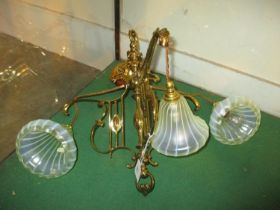 Victorian Arts & Crafts Brass 3 Branch Pendant Light with 3 Vaseline Glass Shades