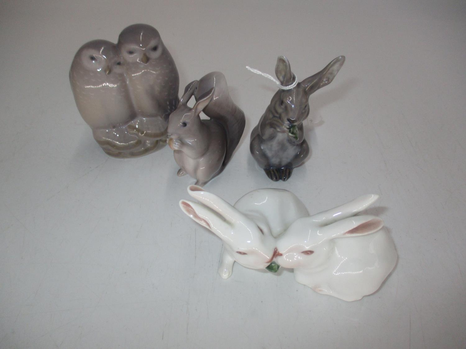 Royal Copenhagen Group of 2 Owls, Squirrel, Hare and Rabbits