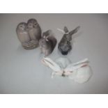Royal Copenhagen Group of 2 Owls, Squirrel, Hare and Rabbits