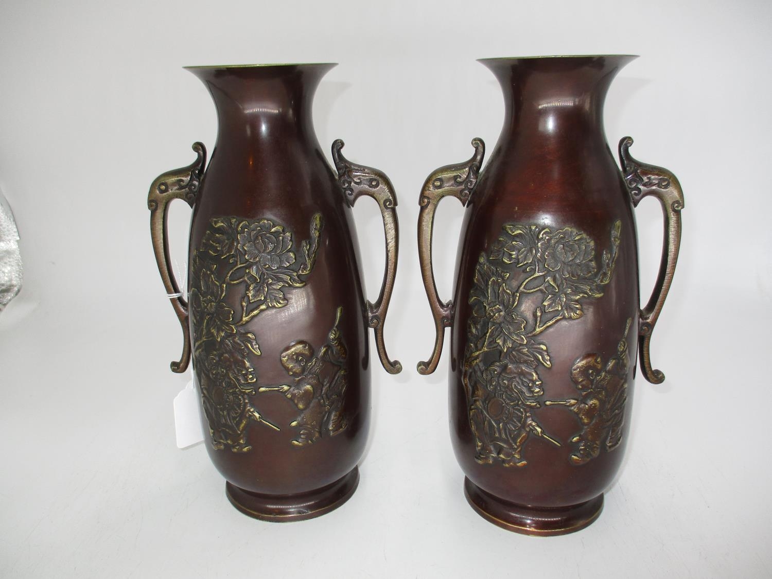 Pair of Japanese Bronze Vases Decorated with Children and Mythological Figures, 27cm