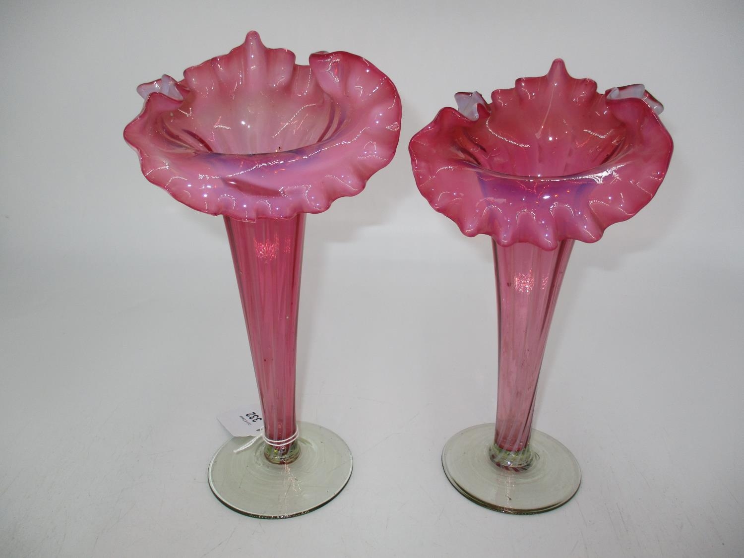 Pair of Victorian Ruby and White Glass Frilled Top Vases, 25cm