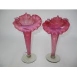 Pair of Victorian Ruby and White Glass Frilled Top Vases, 25cm