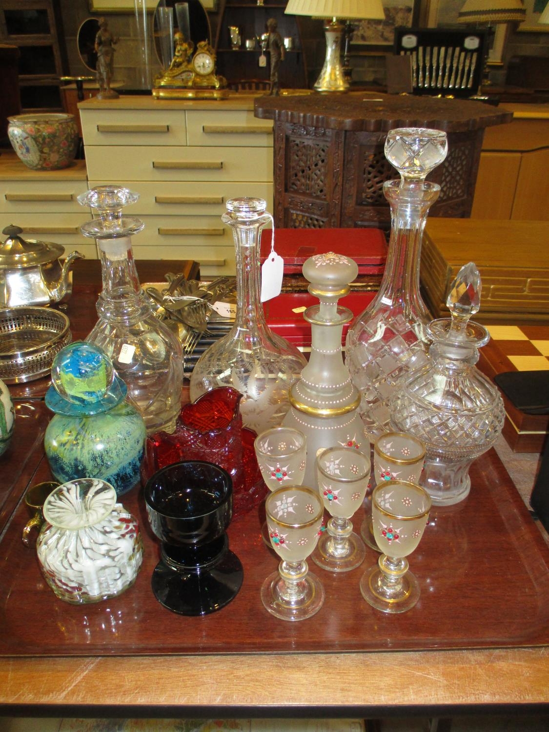 Six Piece Frosted Glass Liqueur Set, 4 Decanters, Mdina and Other Glass