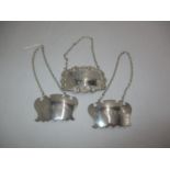 Pair of Silver Vodka and Martini Decanter Labels and a Silver Brandy Label