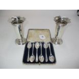 Pair of Silver Vases and Set of 6 Silver Coffee Spoons with Crossed Golf Club Handles, 256g total