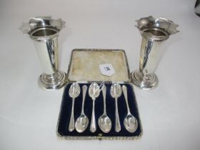 Pair of Silver Vases and Set of 6 Silver Coffee Spoons with Crossed Golf Club Handles, 256g total