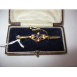 15ct Gold Amethyst and Seed Pearl Bar Brooch, 3.29g