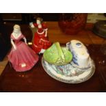 Coalport and Royal Doulton Figures, 2 Plates, Basket and Butter Dish