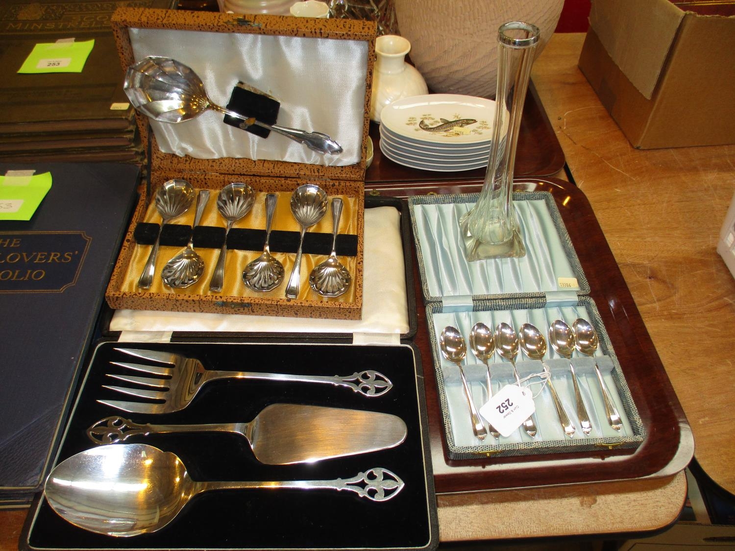 Cased Set of 6 Silver Teaspoons, Silver Mounted Glass Vase, Cased Spoons and Servers