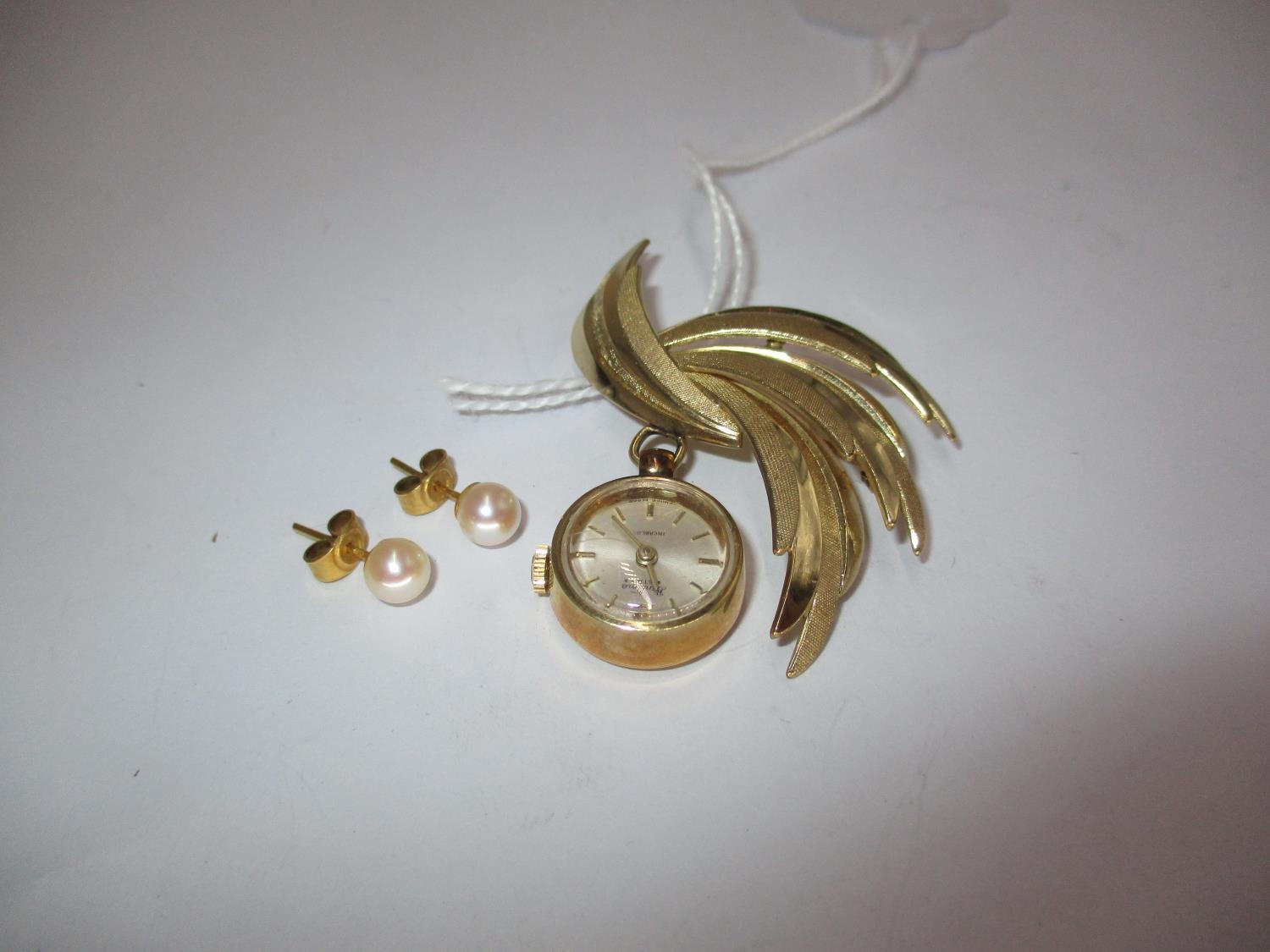 Pair of 9ct Gold and Pearl Ear Studs, along with a Bentima Star Brooch Watch