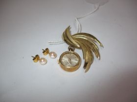 Pair of 9ct Gold and Pearl Ear Studs, along with a Bentima Star Brooch Watch