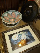 Oriental Gong, Pottery Bowl and Plate and a David Goodfellow Print