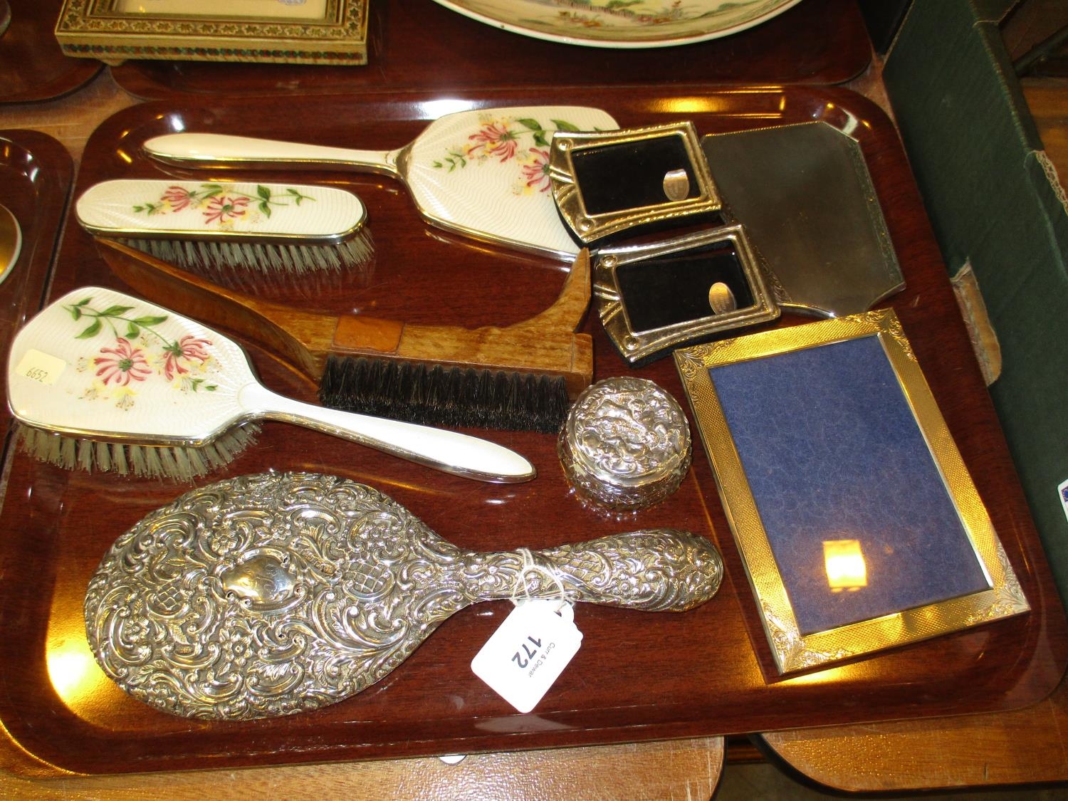 Two Silver Back Hand Mirrors, Silver Top Trinket Box and 3 Silver Figures along with 3 Brushes and a