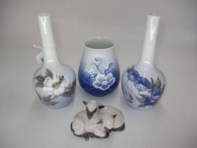 Pair of Royal Copenhagen Vases and Group of 2 Lambs, along with a B&G Copenhagen Vase