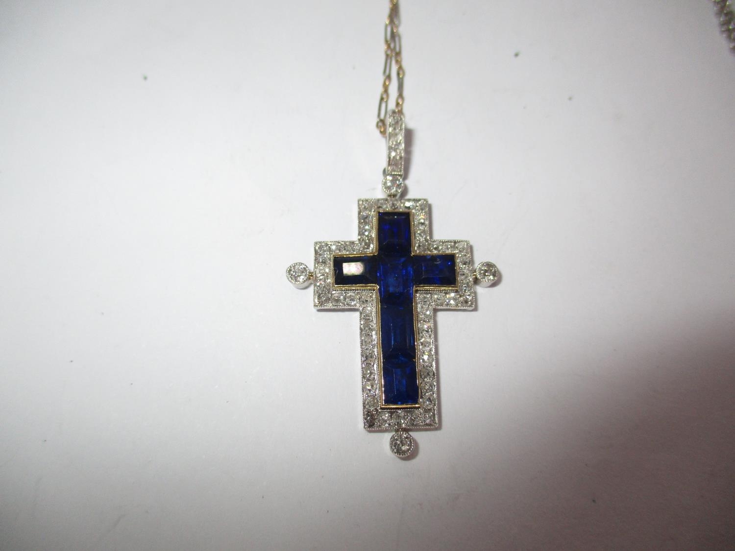 Sapphire and Diamond Cross Pendant Set in White and Yellow Metal, 4.46g