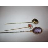 Two Amethyst Stick Pins and a Cluster Stick Pin