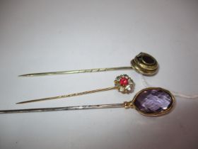 Two Amethyst Stick Pins and a Cluster Stick Pin