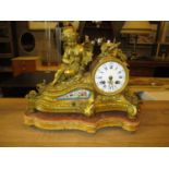 Victorian Gilt Metal and Porcelain Panel Clock Surmounted by a Cherub, The Movement by H. Marc