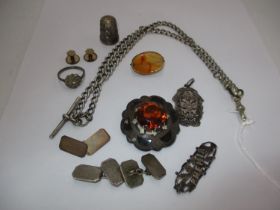 Selection of Silver including an Albert Chain, Thimble, Pair of Cufflinks, Ring, Brooch, Pendant etc