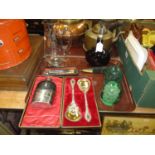 Two Victorian Glass Dumps, Fern Engraved Jug, Cased Pair of Serving Spoons, Open Razors, etc