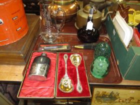 Two Victorian Glass Dumps, Fern Engraved Jug, Cased Pair of Serving Spoons, Open Razors, etc